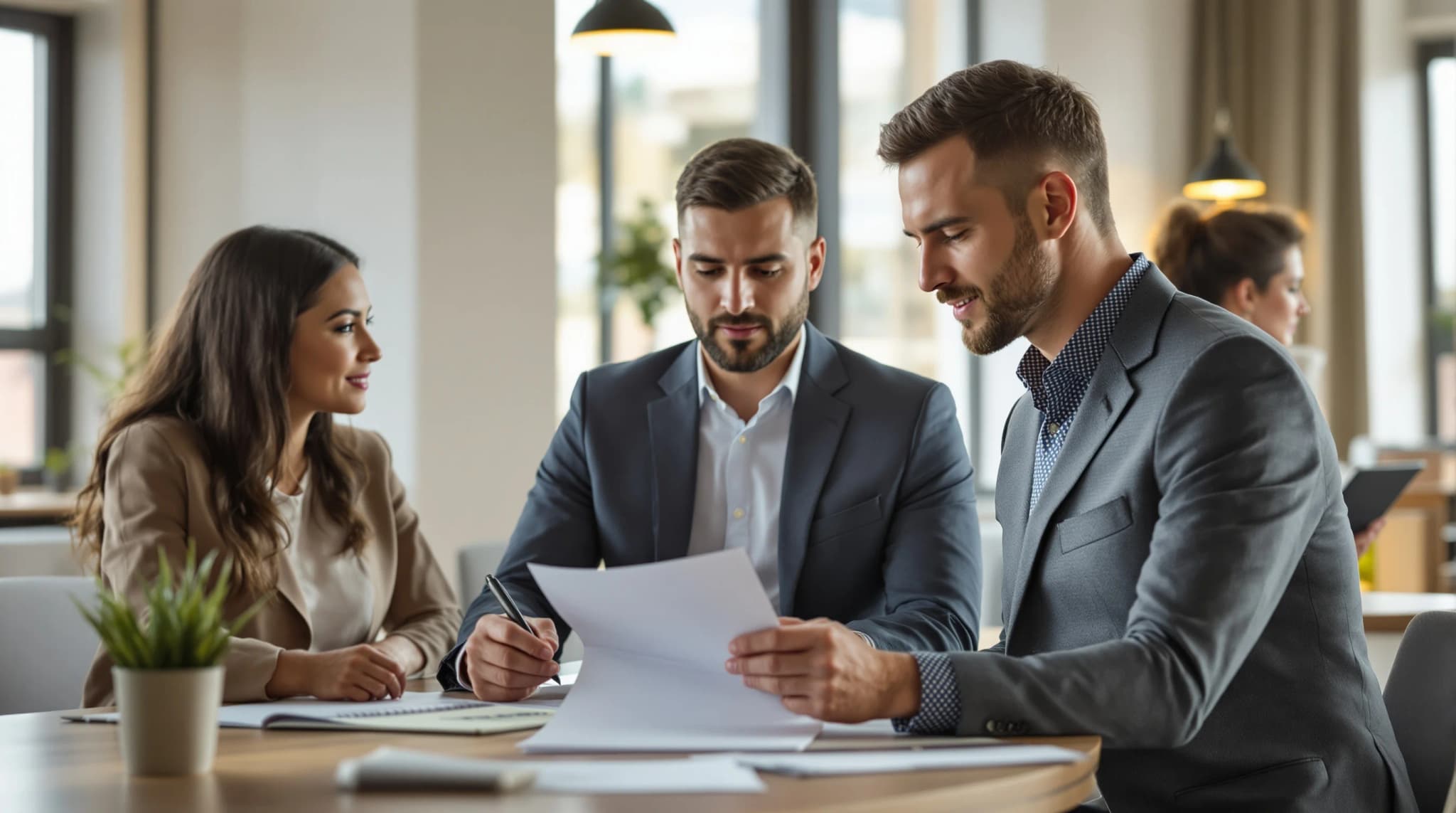 A professional office support team reviewing reports with a small business owner in a bright modern office